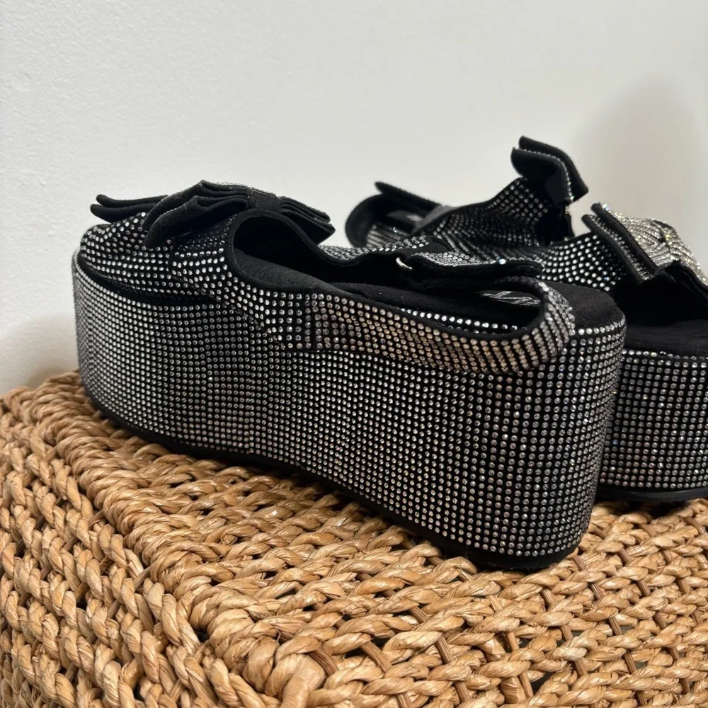 Platform Wedge Sandals with Bow Accent - Black Crystal